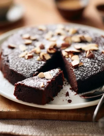 Torta umida al cioccolato fondente e mandorle decorata con mandorle tostate