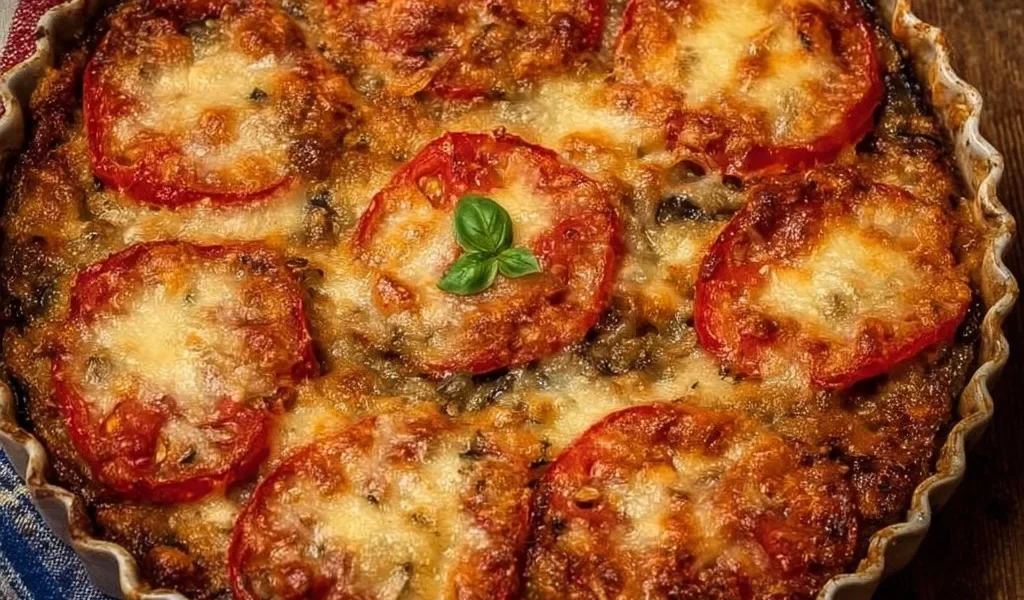 Tortino di melanzane gratinato con provola e pomodoro, piatto delizioso e ricercato.