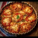 Tortino di melanzane gratinato con provola e pomodoro, piatto delizioso e ricercato.