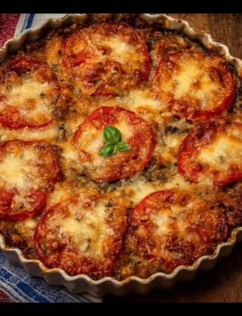 Tortino di melanzane gratinato con provola e pomodoro, piatto delizioso e ricercato.