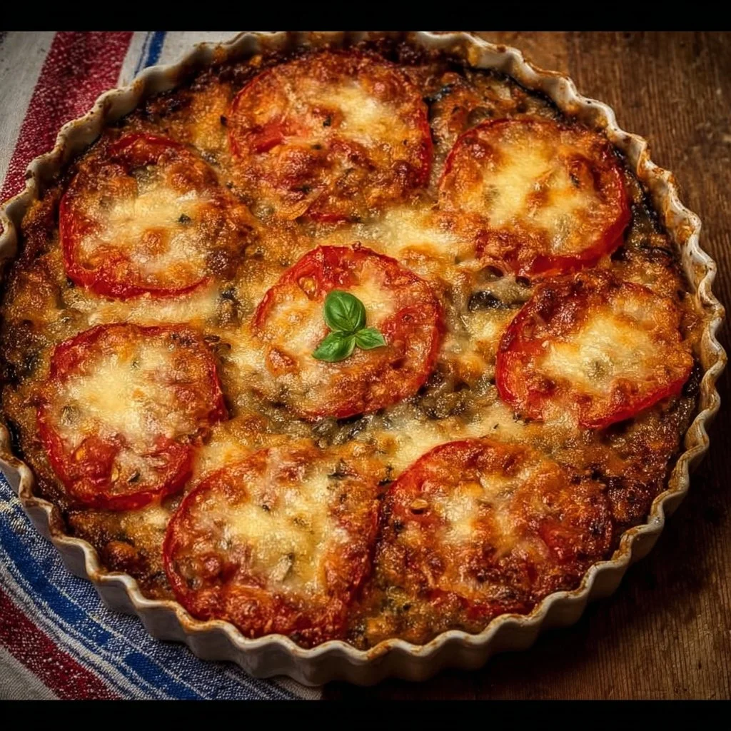 Tortino di melanzane gratinato con provola e pomodoro, piatto delizioso e ricercato.