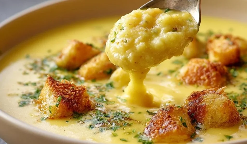 Vellutata di patate e porri servita in una ciotola con erbe fresche