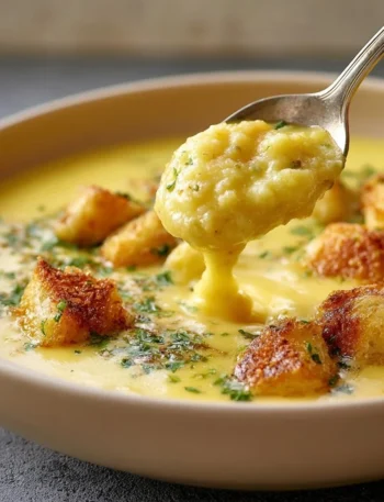 Vellutata di patate e porri servita in una ciotola con guarnizione di erbe fresche