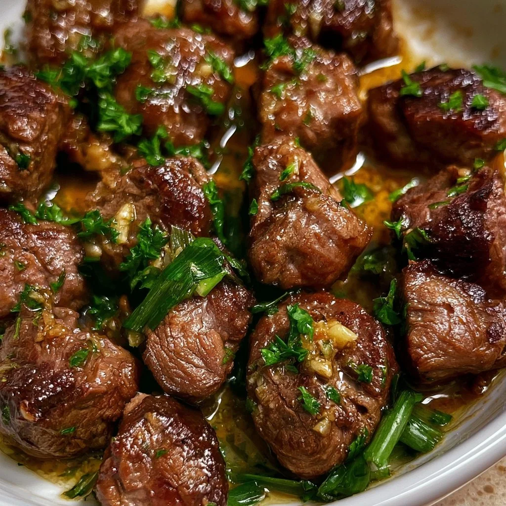 Bocconcini di Manzo al Burro all'Aglio serviti in un piatto