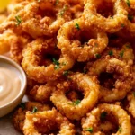 Piatto di calamari fritti croccanti servito con limone e salsa