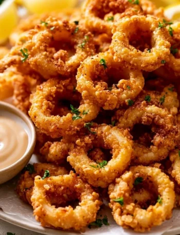 Piatto di calamari fritti croccanti servito con limone e salsa