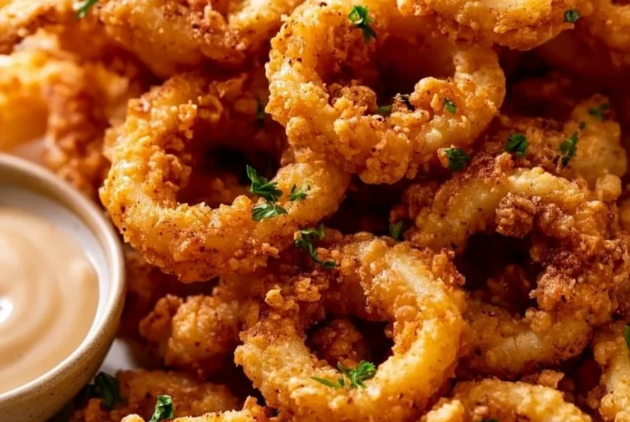 Piatto di calamari fritti croccanti servito con limone e salsa