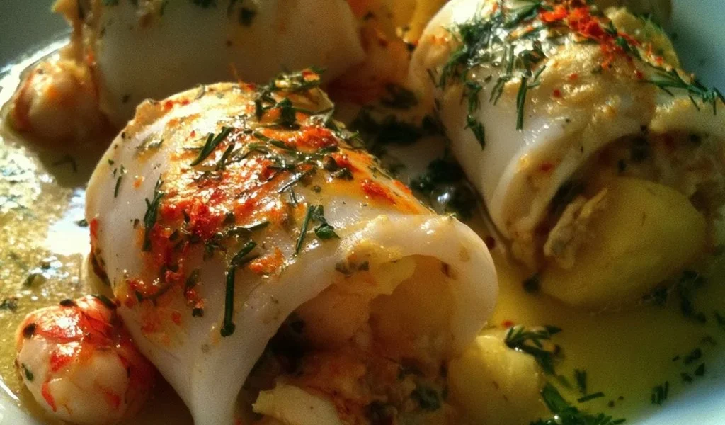 Calamari ripieni con gamberi, scorza d'arancia, patate e zafferano