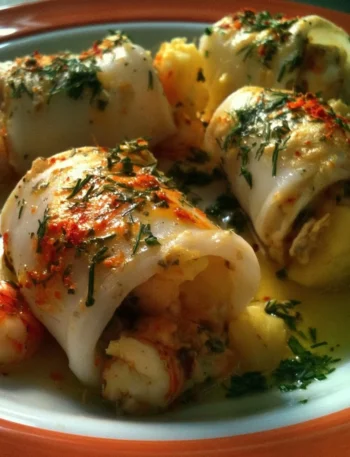 Calamari ripieni con gamberi, scorza d'arancia, patate e zafferano