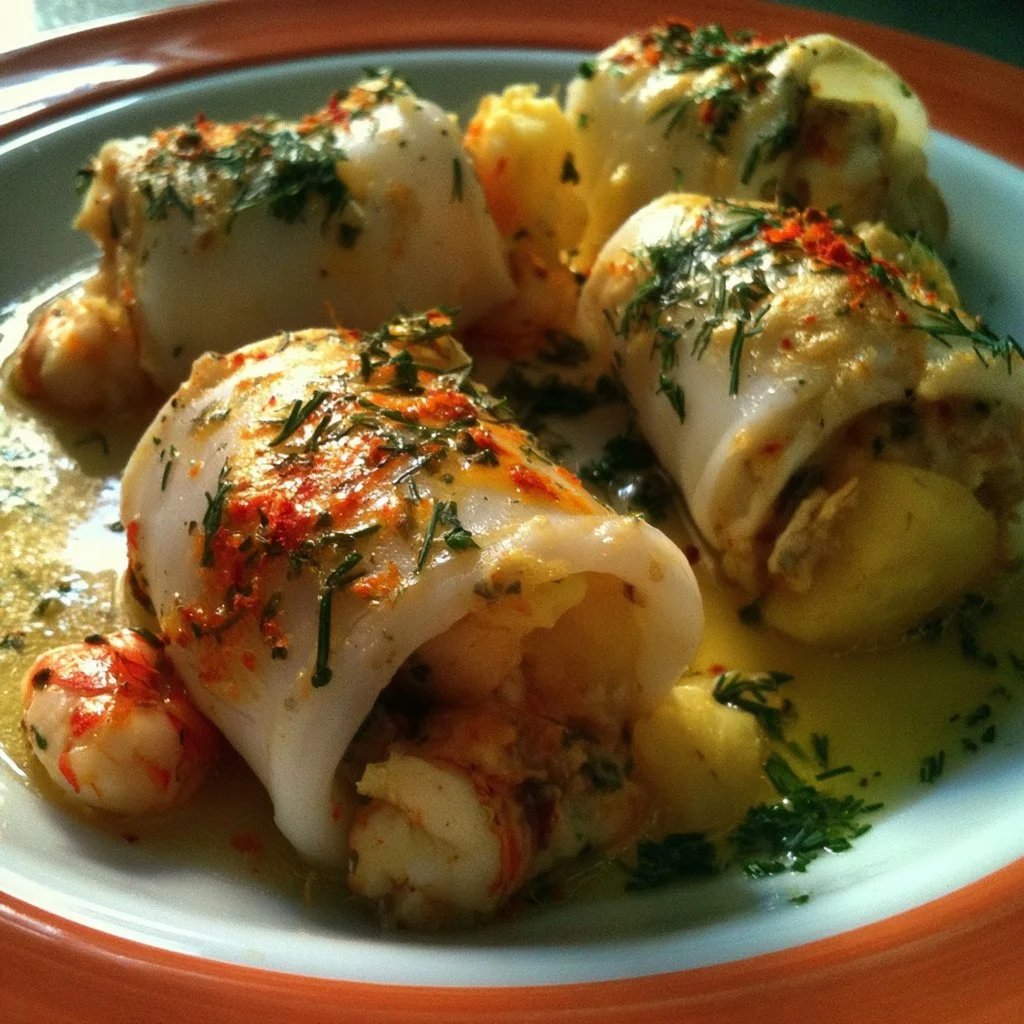 Calamari ripieni con gamberi, scorza d'arancia, patate e zafferano