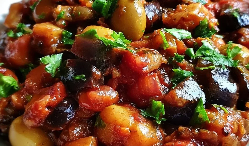 Caponata di Melanzane Siciliana servita in un piatto tradizionale.