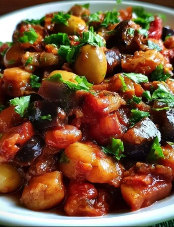 Caponata di Melanzane Siciliana servita in un piatto tradizionale.