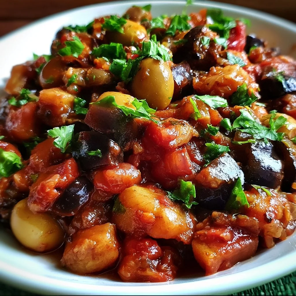 Caponata di Melanzane Siciliana servita in un piatto tradizionale.