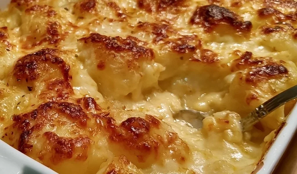 Casserola di Patate Cremosa al Parmigiano di Ruth's Chris servita in un piatto elegante.