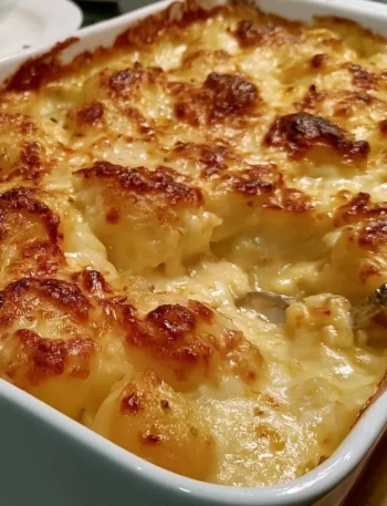 Casserola di Patate Cremosa al Parmigiano di Ruth's Chris servita in un piatto elegante.