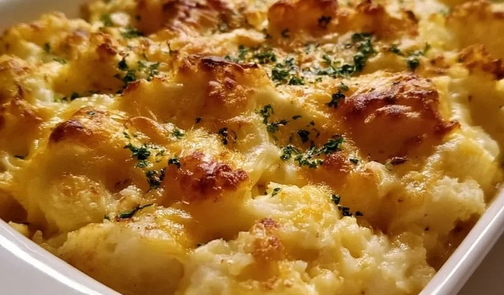 Casseruola cremosa di patate al formaggio di Ruth’s Chris servita in un piatto elegante.