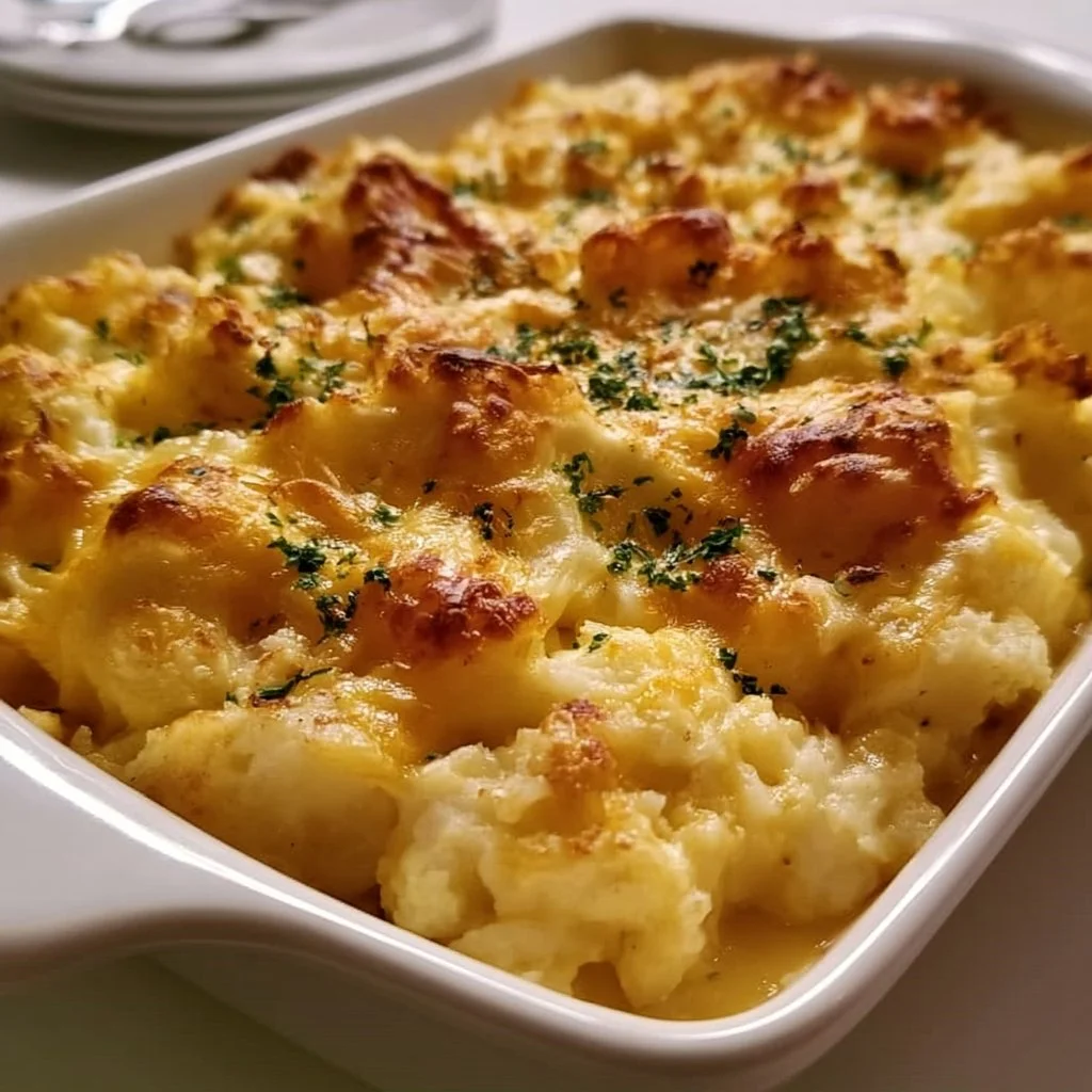 Casseruola cremosa di patate al formaggio di Ruth’s Chris servita in un piatto elegante.
