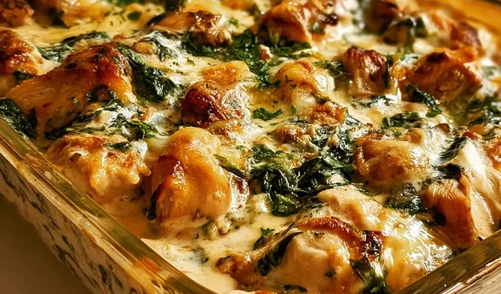 Casseruola cremosa di pollo e spinaci appena sfornata