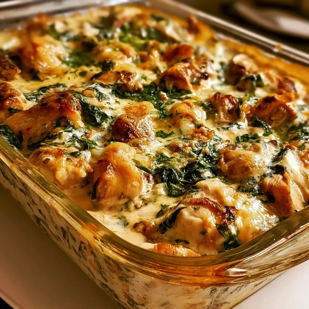 Casseruola cremosa di pollo e spinaci pronta da servire
