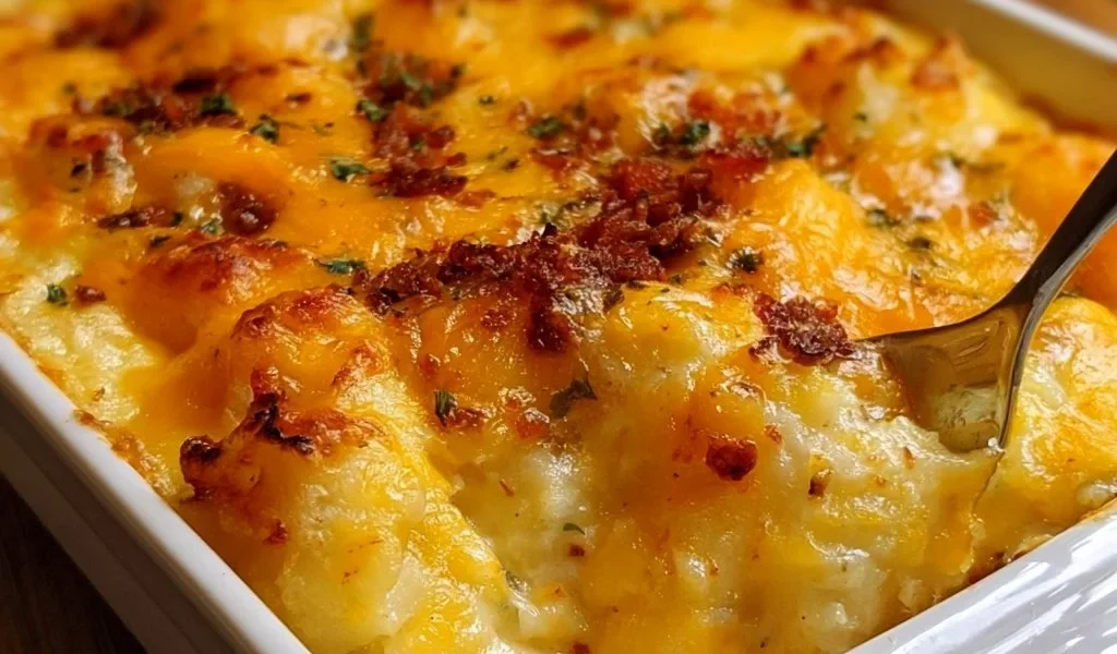 Casseruola di Patate Cariche al Cheddar di Ruth's Chris in un piatto