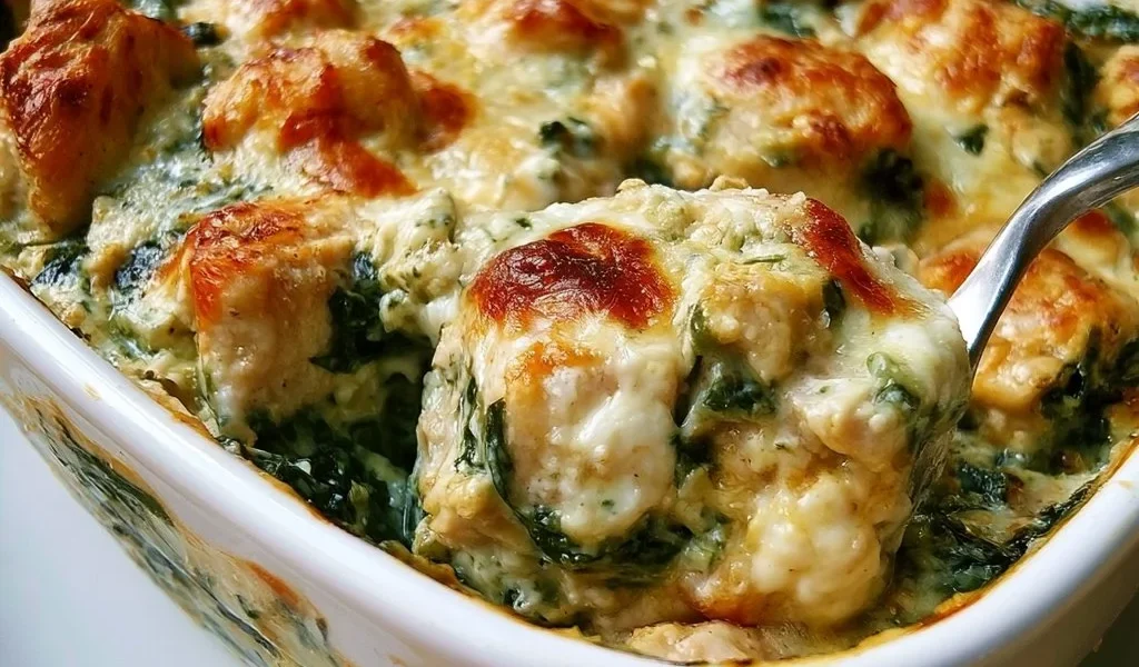 Casseruola di pollo con spinaci, crema di formaggio e mozzarella.