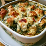 Casseruola di pollo con spinaci, formaggio crema e mozzarella appena sfornata