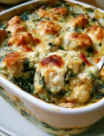 Casseruola di pollo con spinaci, formaggio crema e mozzarella appena sfornata