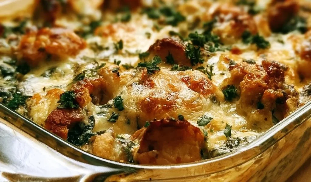 Casseruola di pollo e spinaci cremosa pronto per essere servita