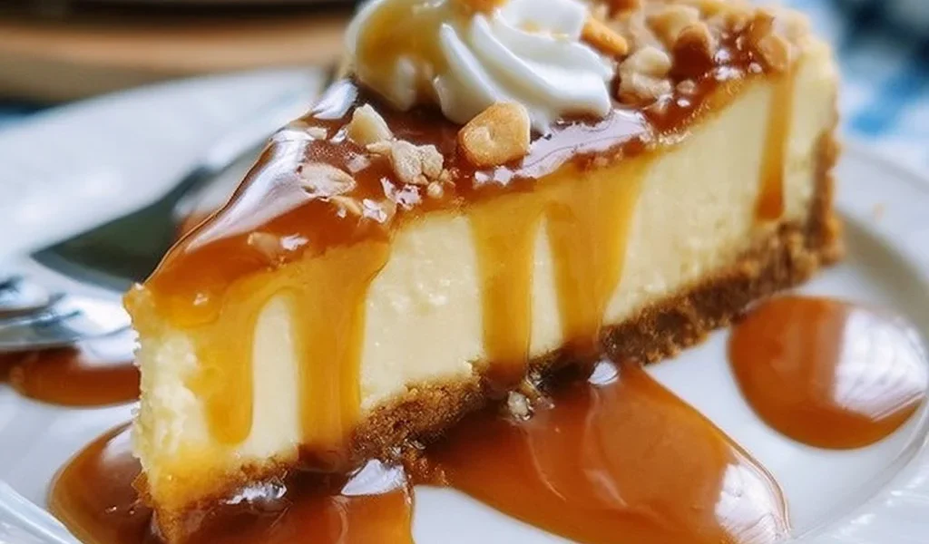 Cheesecake al caramello salato con decorazioni e caramello dorato