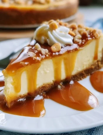 Cheesecake al caramello salato con decorazioni e caramello dorato