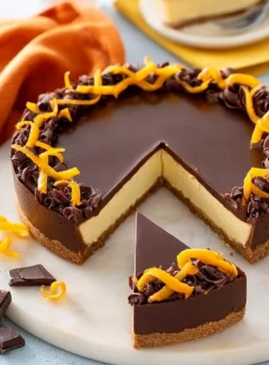 Cheesecake arancia e cioccolato decorata con fette d'arancia