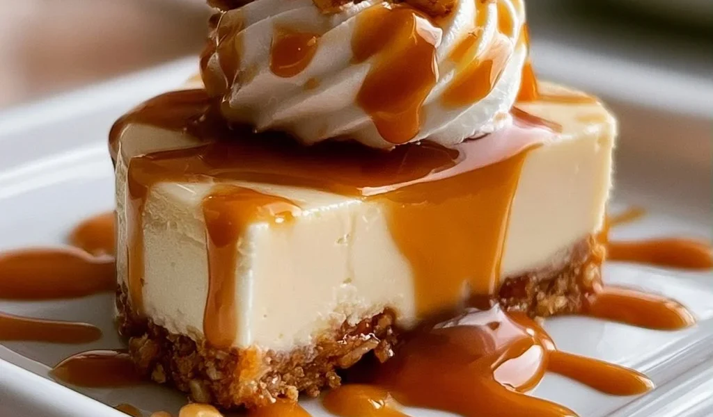 Cheesecake con crosta di noci al caramello, un dessert elegante e delizioso.