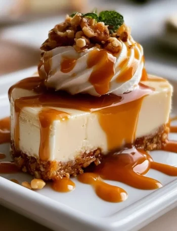 Cheesecake con crosta di noci al caramello, un dessert elegante e delizioso.