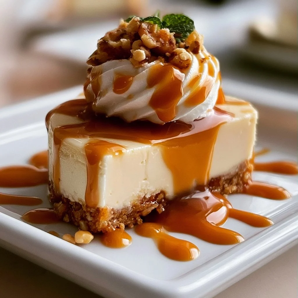 Cheesecake con crosta di noci al caramello, un dessert elegante e delizioso.