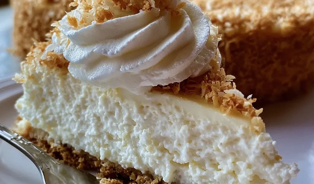 Cheesecake di cocco senza cottura decorato con cocco grattugiato