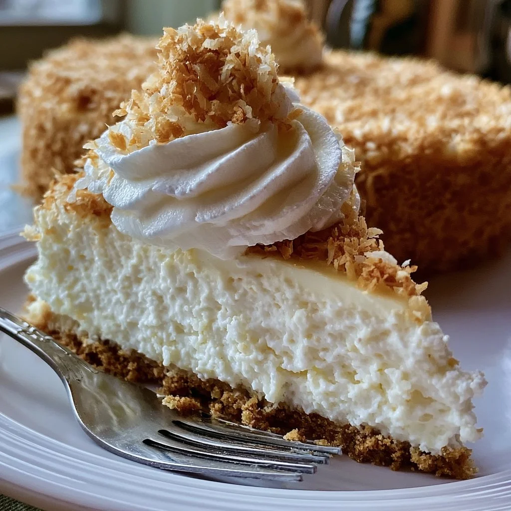 Cheesecake di cocco senza cottura decorato con cocco grattugiato