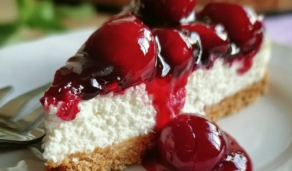 Cheesecake di ricotta e ciliegie decorato con ciliegie fresche