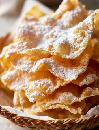 Chiacchiere di Carnevale, dolci sottili e croccanti decorati con zucchero a velo