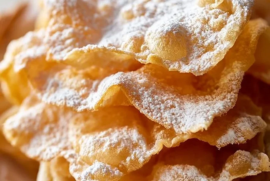Chiacchiere di Carnevale, dolci sottili e croccanti decorati con zucchero a velo