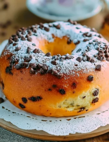Ciambella per colazione con gocce di cioccolato servita su un piatto
