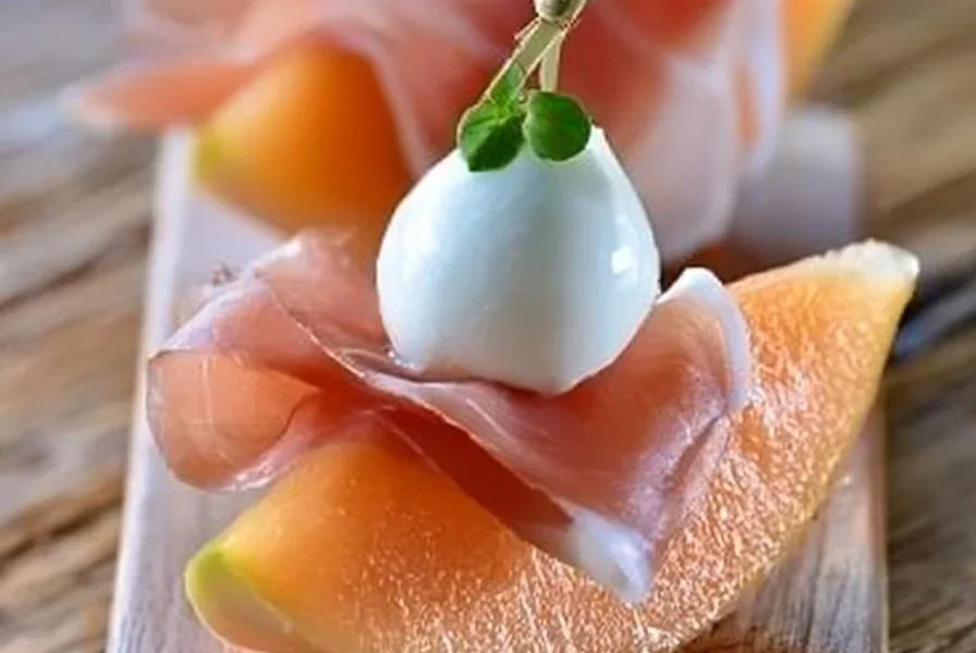 Ciarcia Prosciutto con melone e mozzarella su un piatto elegante.