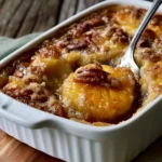 Cobbler di ananas e noci pecan servito su un piatto bianco