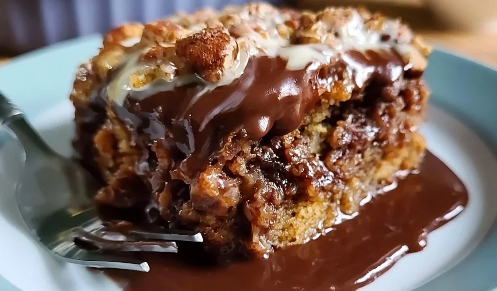 Cobbler di cioccolato tedesco con noci pecan appena sfornato