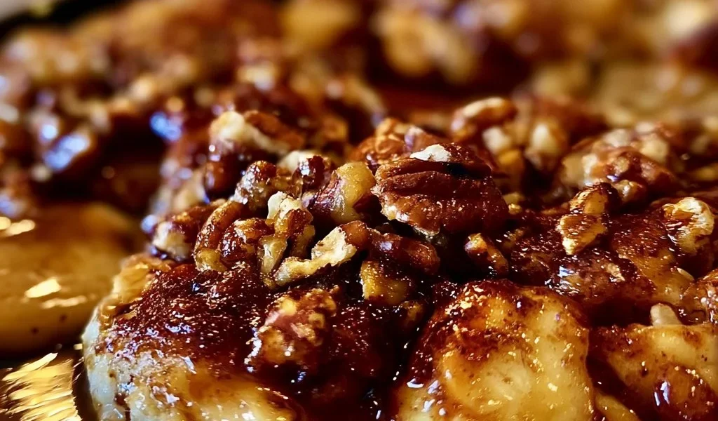 Cobbler di mele caramellate con noci pecan su un piatto bianco