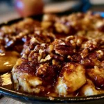 Cobbler di mele caramellate con noci pecan su un piatto bianco