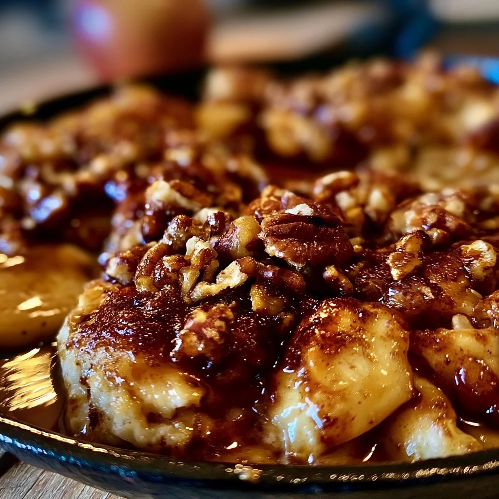 Cobbler di mele caramellate con noci pecan su un piatto bianco