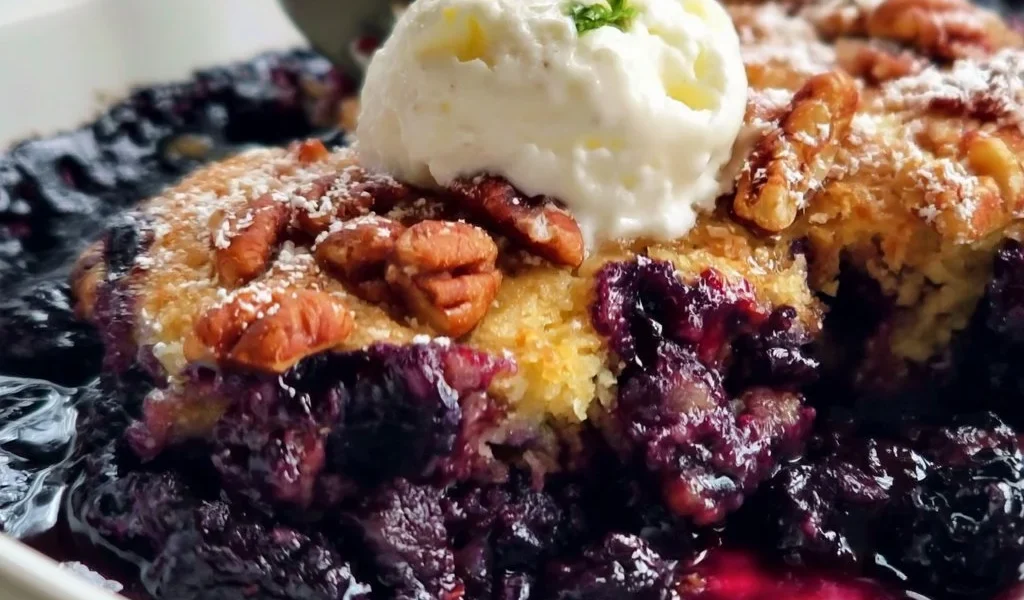 Cobbler di mirtilli e noci pecan su un tavolo di legno