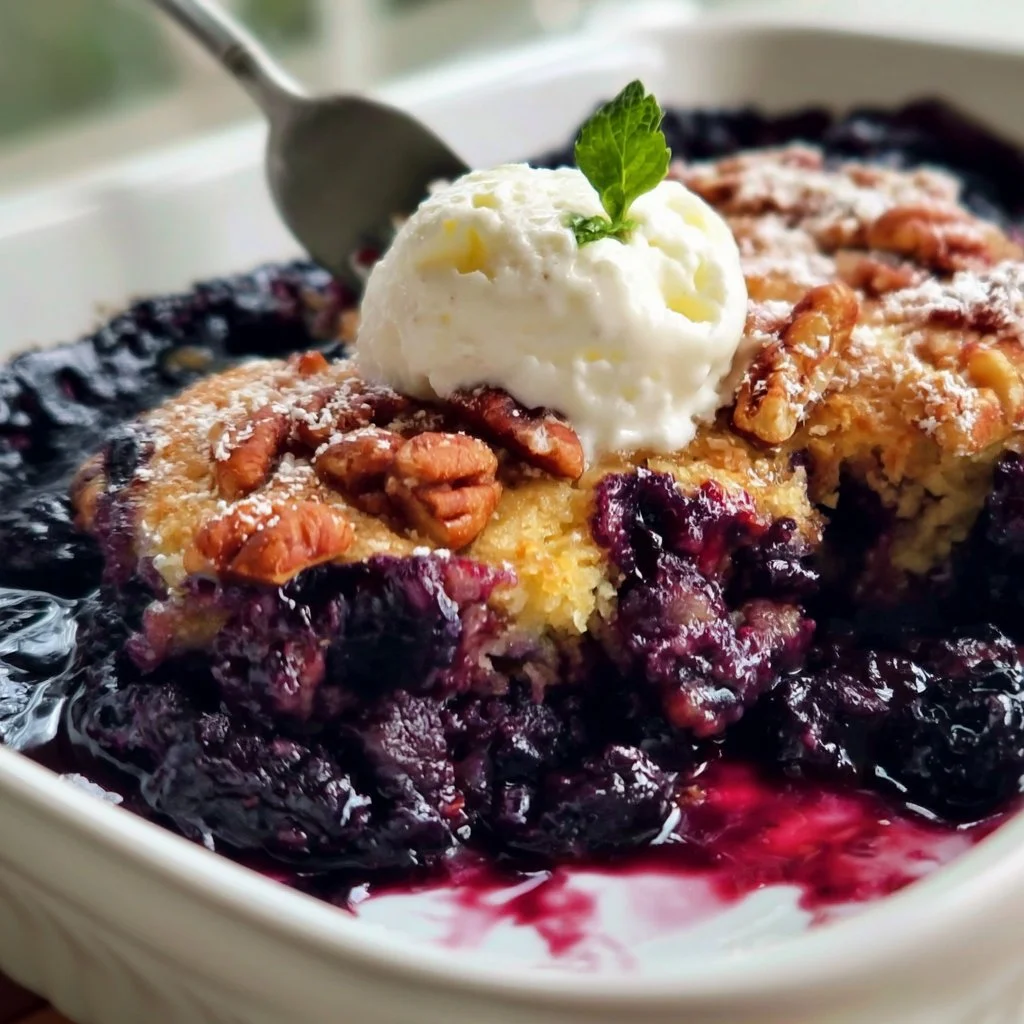 Cobbler di mirtilli e noci pecan su un tavolo di legno