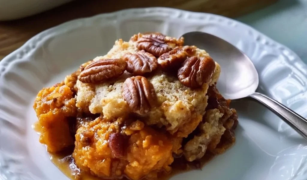 Cobbler di patate dolci e noci pecan servito in una ciotola