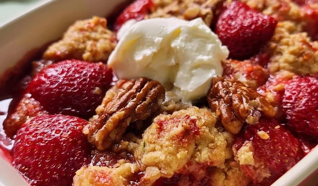 Cobbler di Pecan alle Fragole, un dessert gourmet con nocciole e frutta fresca